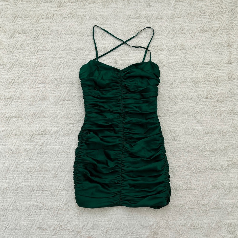 The Sei green silk ruched mini dress